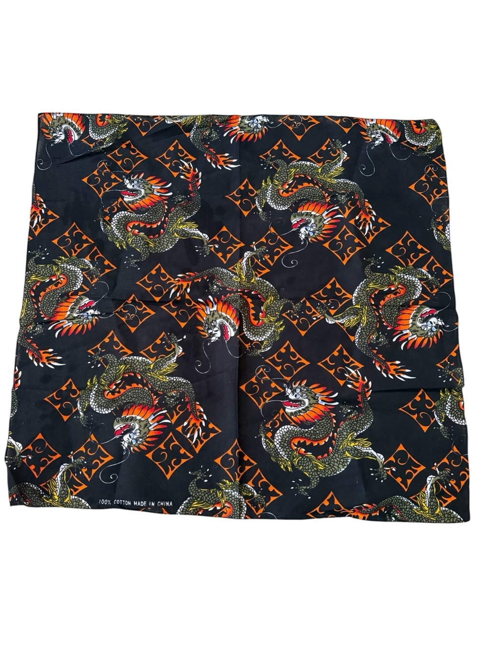 Vintage Tribal Dragon Fantasy Mythology Y2K Black & Orange Bandana Handkerchief